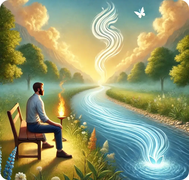 A person in quiet contemplation surrounded by natural light, symbolizing spiritual healing, inner connection, meaning, and well-being.