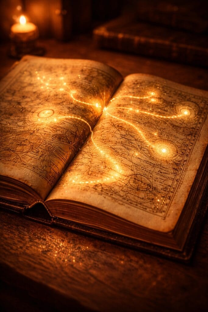 An ancient book open on a wooden table, with golden glowing pathways illuminating the pages