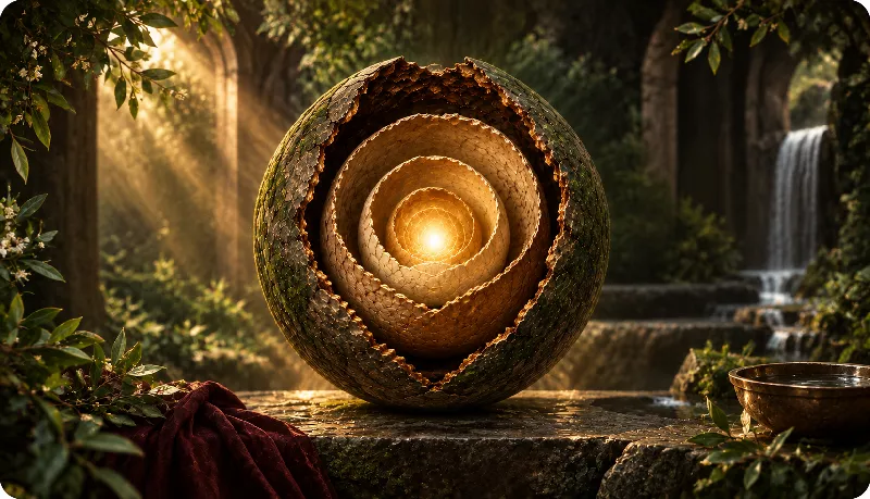 Layered shell with a glowing center representing the spiritual concept of shells