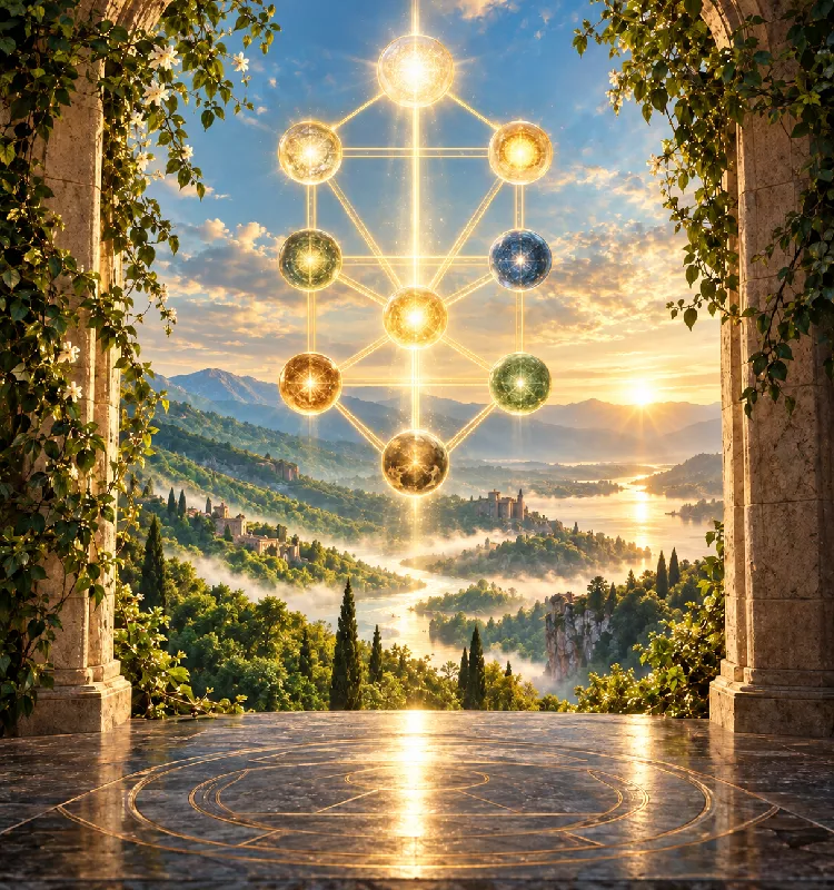 Glowing Tree of Life with golden spheres over a spiritual landscape