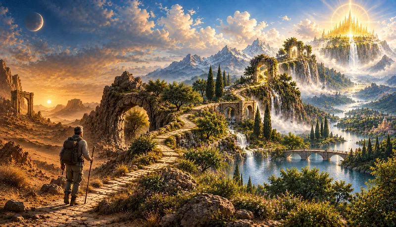 Spiritual journey through contrasting landscapes representing ascent, healing, and descent