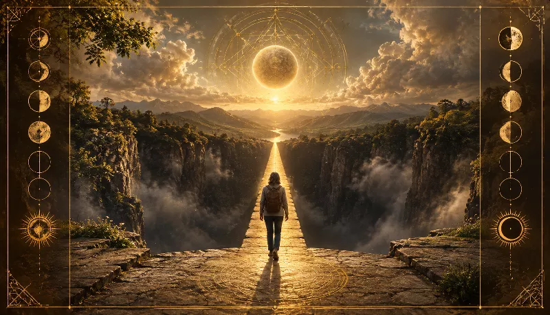 Person crossing a bridge toward light representing the hidden path of the Tree of Life