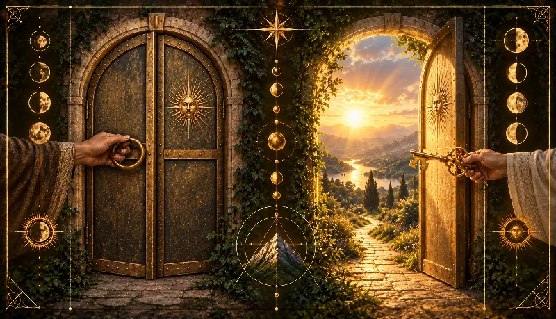 Open and closed sacred doors representing way opening and restraint