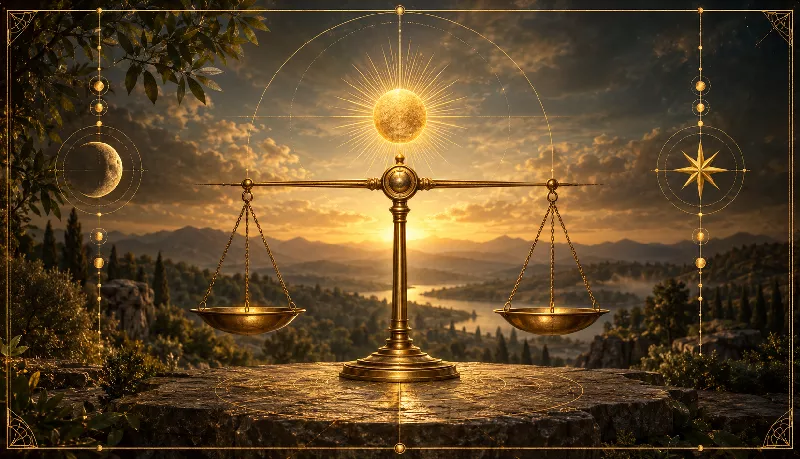 Golden balance scales representing the fulcrum and inner balance