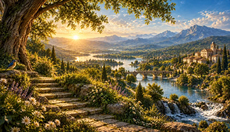 Sacred path through a mountain landscape representing manifestation and grounded action